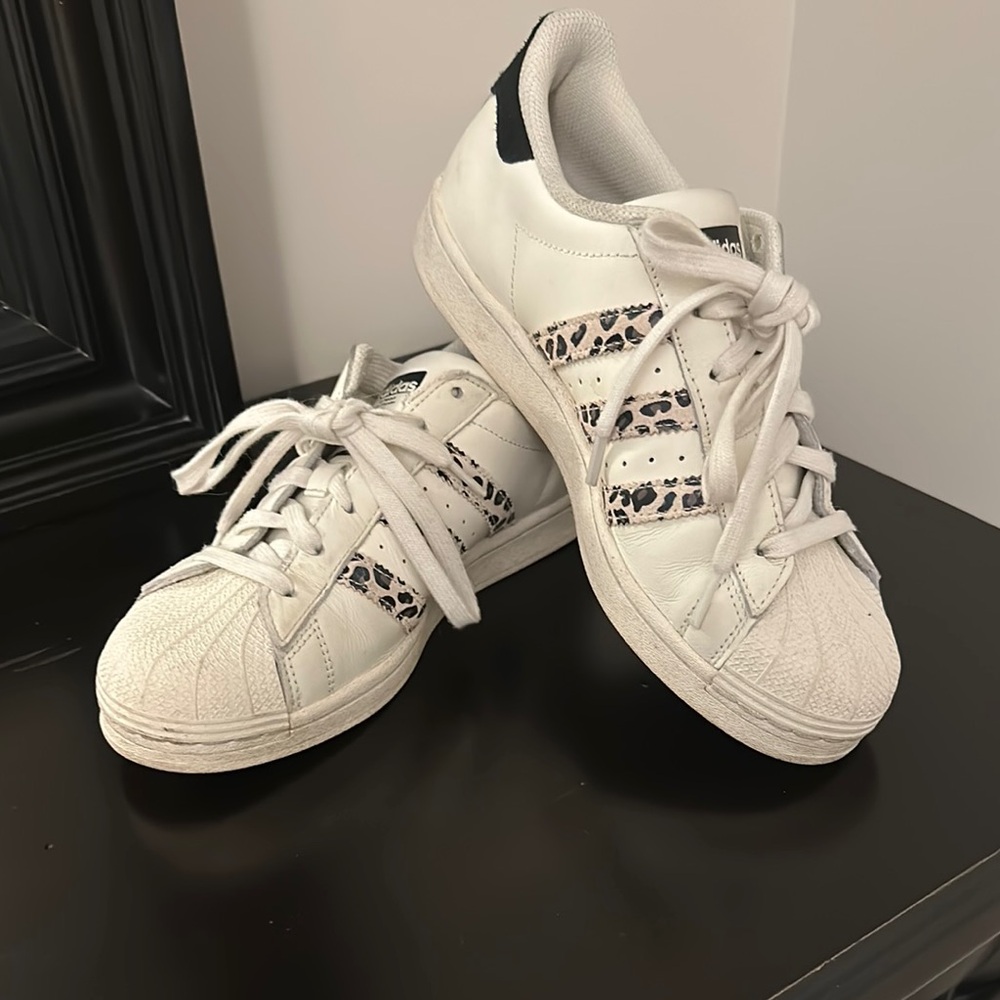 Adidas White Sneakers with Leopard Print Stripes